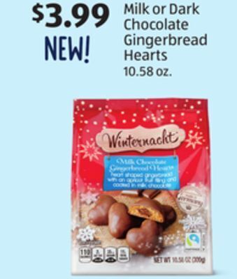 Aldi Milk or dark chocolate gingerbread hearts offer