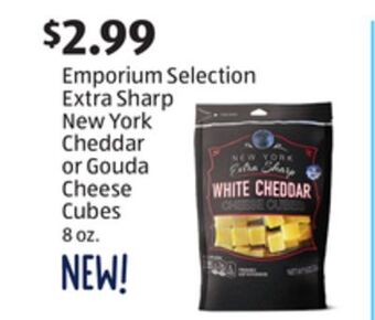 Aldi Emporium selection extra sharp new york cheddar or gouda cheese cubes offer