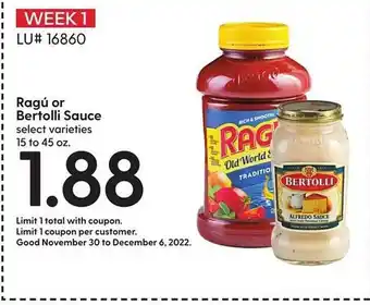 Hy-Vee Ragú or bertolli sauce offer