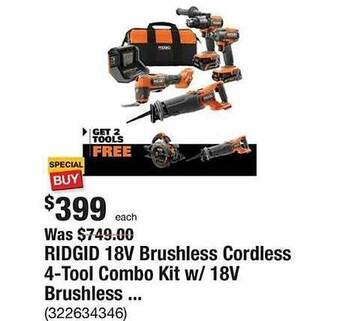 The Home Depot Ridgid 18v brushless cordless 4-tool combo kit offer