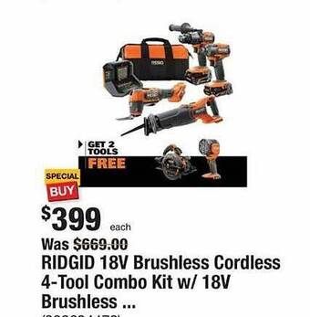 The Home Depot Ridgid 18v brushless cordless 4-tool combo kit offer