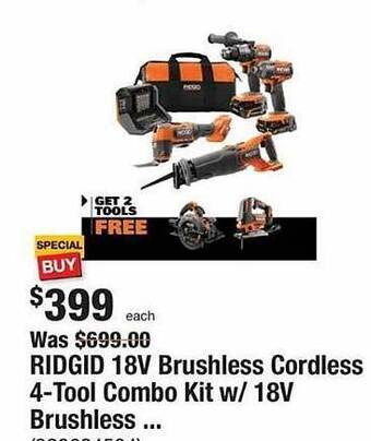 The Home Depot Ridgid 18v brushless cordless 4-tool combo kit offer