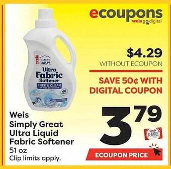 Weis Markets Weis simply great ultra liquid fabric softener offer