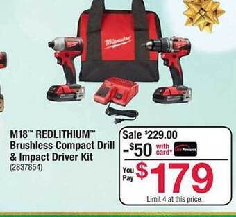 Ace Hardware Milwaukee m18 redlithium brushless compact drill & impact driver kit offer