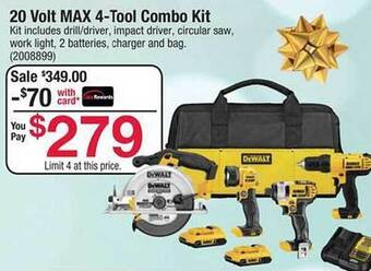 Ace Hardware Dewalt 20 volt max 4-tool combo kit offer