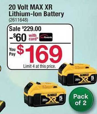 Ace Hardware Dewalt 20 volt max xr lithium-ion battery offer
