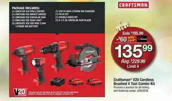 Ace Hardware Craftsman v20 cordless brushed 4 tool combo kit offer