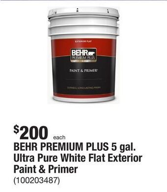 The Home Depot Behr premium plus 5 gal. ultra pure white flat exterior paint & primer offer