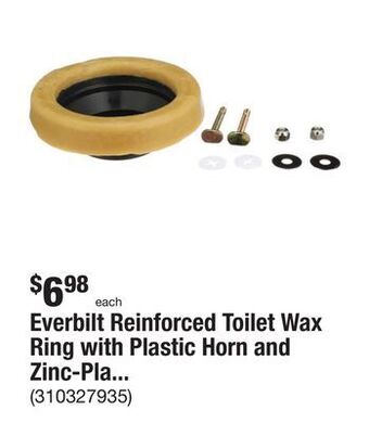 The Home Depot Everbilt reinforced toilet wax ring with plastic horn and zinc-plated toilet bolts offer