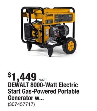 The Home Depot Dewalt 8000-watt electric start gas-powered portable generator with idle control, gfci outlets and co protect offer