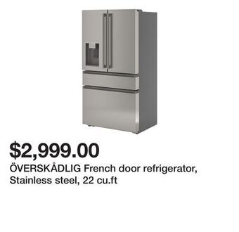 Ikea Överskådlig french door refrigerator, stainless steel, 22 cu.ft offer