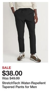 Old Navy Stretchtech water-repellent tapered pants for men offer