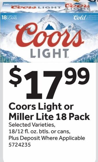 Stop&Shop Coors Light or Miller Lite 18 Pack offer
