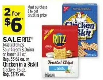 Dollar General Ritz Toasted Chips Sour Cream & Onions or Ranch 8.1 oz. or Chicken in a Biskit Crackers 7.5 oz. offer