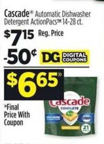 Dollar General Cascade Automatic Dishwasher Detergent ActionPacs offer