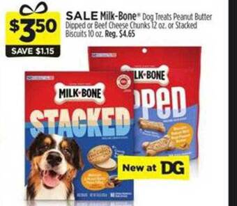 Dollar General Milk-bone dog treats peanut butter dipped or beef cheese chunks or stacked biscuits offer