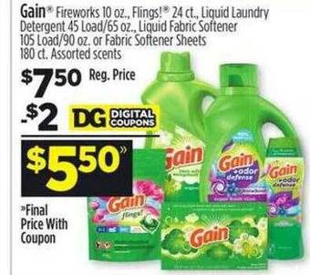 Dollar General Gain fireworks, flings !, liquid laundry detergent, liquid fabric softener or fabric softener sheets offer