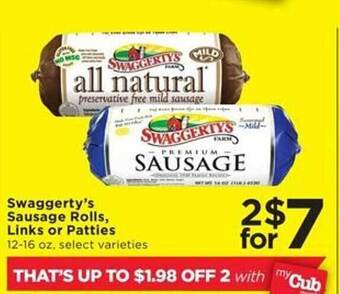 Cub Foods Swaggerty's sausage rolls, links or patties offer