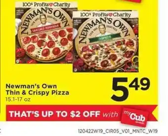 Cub Foods Newman's own thin & crispy pizza offer