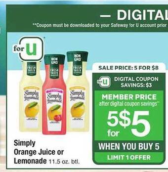 Safeway Simply orange juice or lemonade offer