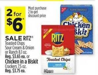 Dollar General Ritz toasted chips sour cream & onion or ranch or chicken in a biskit crackers offer