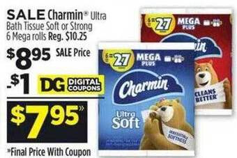 Dollar General Charmin ultra bath tissue soft or strong 6 mega rolls offer