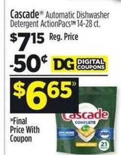 Dollar General Cascade automatic dishwasher detergent actionpacs offer