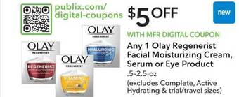 Publix Olay regenerist facial moisturizing cream, serum or eye product offer
