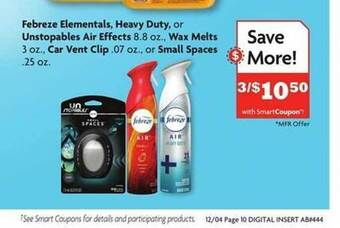Family Dollar Febreze elementals, heavy duty or unstopables air effects, wax melts, car vent clip or small spaces offer