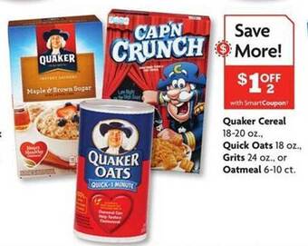 Family Dollar Quaker cereal, quick oats, grits or oatmeal offer