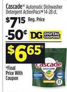 Dollar General Cascade automatic dishwasher detergent actionpacs offer