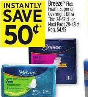 Dollar General Breeze flex foam, super or overnight ultra thin or maxi pads offer