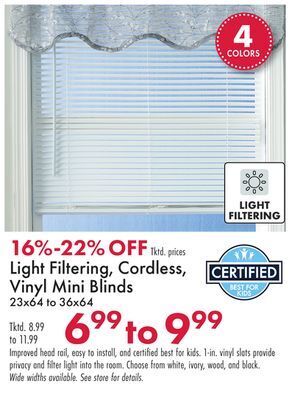 Boscov's Light filtering, cordless, vinyl mini blinds offer