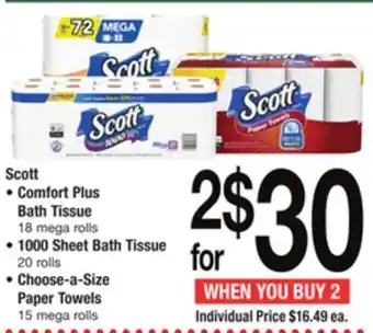 ACME Scott • comfort plus bath tissue 18 mega rolls • 1000 sheet bath tissue 20 rolls • choose-a-size paper towels 15 mega rolls offer