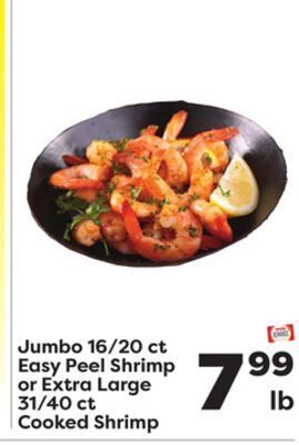 Weis Markets Jumbo 16/20 ct easy peel shrimp or extra large 31/40 ct cooked shrimp offer