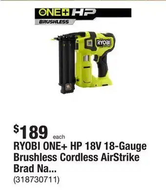 The Home Depot Ryobi one+ hp 18v 18-gauge brushless cordless airstrike brad nailer (tool only) offer