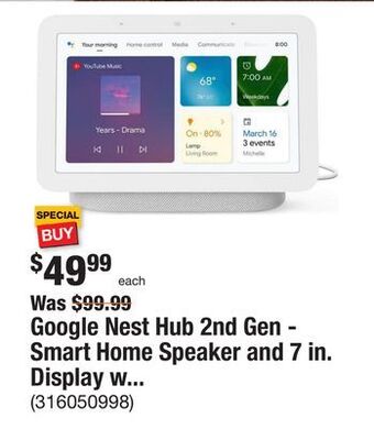 The Home Depot Google nest hub 2nd gen - smart home speaker and 7 in. display with google assistant - chalk offer