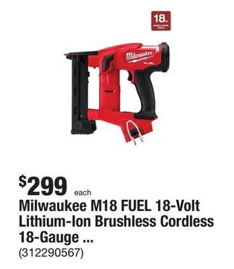 The Home Depot Milwaukee m18 fuel 18-volt lithium-ion brushless cordless 18-gauge 1/4 in. narrow crown stapler (tool-only) offer