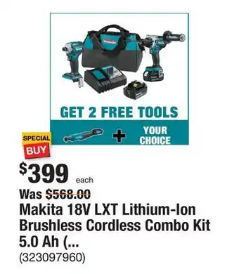 The Home Depot Makita 18v lxt lithium-ion brushless cordless combo kit 5.0 ah (2-pc) with bonus 3/8 in./1/4 in. 18v lxt square drive ratchet offer
