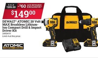 Ace Hardware Dewalt® atomic 20 volt max brushless lithium-ion compact drill & impact driver kit offer