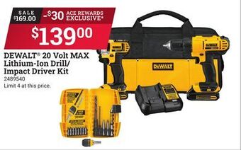 Ace Hardware Dewalt® 20 volt max lithium-ion drill/impact driver kit offer
