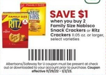 Albertsons Nabisco Snack Crackers or Ritz Crackers offer