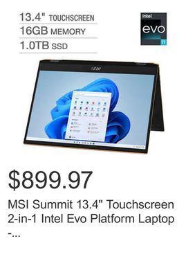 Costco Msi summit 13.4" touchscreen 2-in-1 intel evo platform laptop - 12th gen intel core i7-1280p - 1920 x 1200 - windows 11 offer
