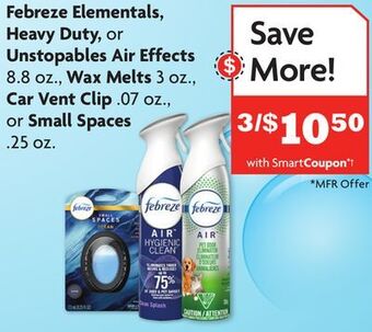 Family Dollar Febreze elementals, heavy duty, or unstopables air effects 8.8 oz., wax melts 3 oz., car vent clip. 07 oz., or small spaces. offer