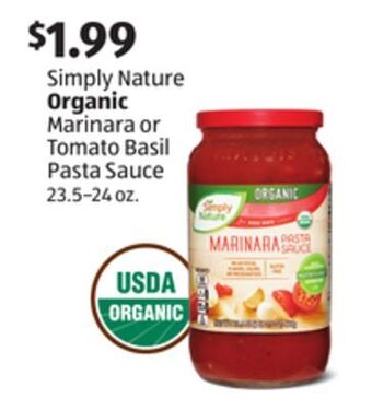 Aldi Simply nature organic marinara or tomato basil pasta sauce offer