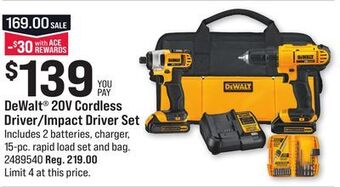 Ace Hardware Dewalt® 20v cordless driver/impact driver set offer