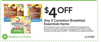 Publix Any 2 Carnation Breakfast Essentials Items offer