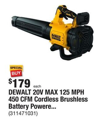 The Home Depot Dewalt 20v max 125 mph 450 cfm cordless brushless battery powered handheld leaf blower (tool only) offer