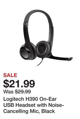 Office Depot Logitech h390 on-ear usb headset with noise-cancelling mic, black offer