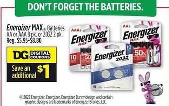 Dollar General Energizer max batteries aa or aaa or 2032 offer